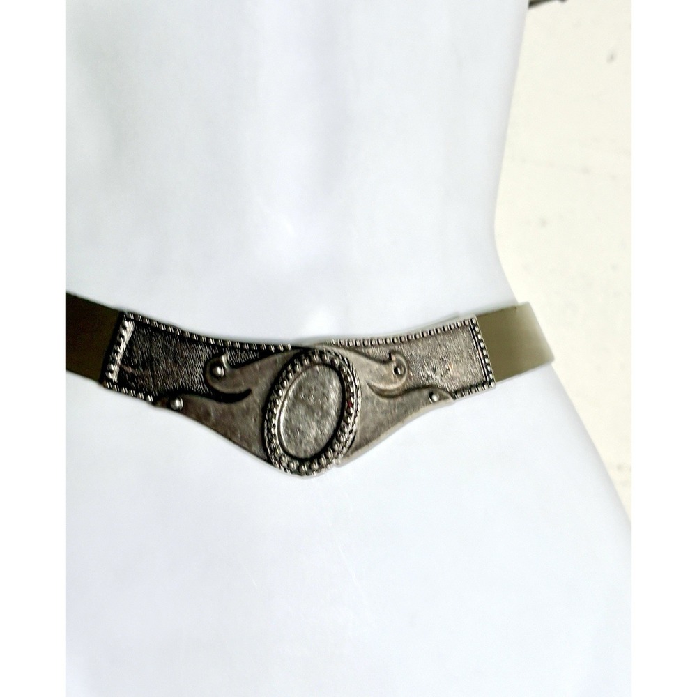 Y2K Western Concho Statement Belt Ornate Antique Silver Scroll Buckle Olive Boho